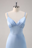 Sky Blue A-Line Spaghetti Straps Abito da damigella d'onore lungo in raso