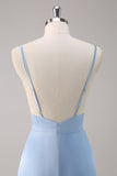 Sky Blue A-Line Spaghetti Straps Abito da damigella d'onore lungo in raso