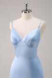 Sky Blue A-Line Spaghetti Straps Abito da damigella d'onore lungo in raso