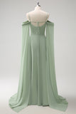 Verde chiaro spalla fredda maniche staccabili A-Line Chiffon lungo abito da damigella d'onore