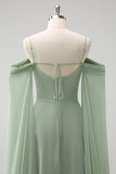 Verde chiaro spalla fredda maniche staccabili A-Line Chiffon lungo abito da damigella d'onore