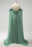 Verde chiaro spalla fredda maniche staccabili A-Line Chiffon lungo abito da damigella d'onore