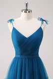 Blu scuro Spaghetti Straps A-Line Tulle Abito da damigella d'onore lungo