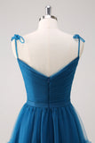 Blu scuro Spaghetti Straps A-Line Tulle Abito da damigella d'onore lungo