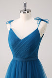 Blu scuro Spaghetti Straps A-Line Tulle Abito da damigella d'onore lungo