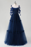 Navy A-Line Spaghetti Straps Fiori Corsetto Increspature Tulle Abito da damigella d'onore lungo