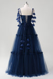 Navy A-Line Spaghetti Straps Fiori Corsetto Increspature Tulle Abito da damigella d'onore lungo