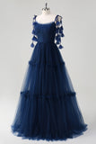 Navy A-Line Spaghetti Straps Fiori Corsetto Increspature Tulle Abito da damigella d'onore lungo