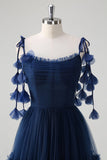 Navy A-Line Spaghetti Straps Fiori Corsetto Increspature Tulle Abito da damigella d'onore lungo