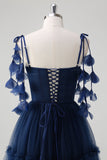 Navy A-Line Spaghetti Straps Fiori Corsetto Increspature Tulle Abito da damigella d'onore lungo