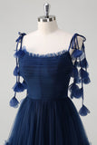 Navy A-Line Spaghetti Straps Fiori Corsetto Increspature Tulle Abito da damigella d'onore lungo