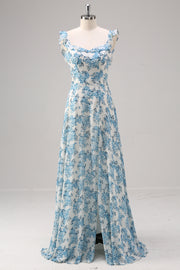 Bianco Blu Fiore A Line Square Neck Abito da damigella d'onore lungo con fessura