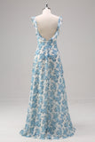 Bianco Blu Fiore A Line Square Neck Abito da damigella d'onore lungo con fessura
