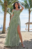 Dusty Sage Cold Shoulder A-Line Jacquard Abito da damigella d'onore lungo con fessura