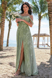 Dusty Sage Cold Shoulder A-Line Jacquard Abito da damigella d'onore lungo con fessura