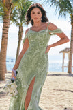 Dusty Sage Cold Shoulder A-Line Jacquard Abito da damigella d'onore lungo con fessura