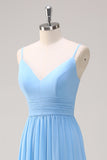 Blu A Line Spaghetti Straps Scollo a V Tiered Abito da damigella d'onore lungo