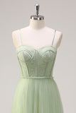 Sage A Line Spaghetti Straps Corsetto Abito da damigella d'onore lungo in tulle