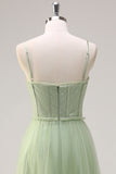 Sage A Line Spaghetti Straps Corsetto Abito da damigella d'onore lungo in tulle