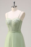 Sage A Line Spaghetti Straps Corsetto Abito da damigella d'onore lungo in tulle