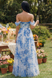 Vestito Maxi in tulle floreale blu corsetto a tracolla scoperta