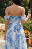 Vestito Maxi in tulle floreale blu corsetto a tracolla scoperta