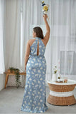 Vestito lungo da damigella a fianco blu bianco con fianco a capezza, taglie forti stampate
