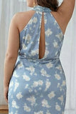 Vestito lungo da damigella a fianco blu bianco con fianco a capezza, taglie forti stampate