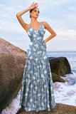 Navy Bloom A-Line Spaghetti Straps Backless Stampa Satin Abito da damigella d'onore lungo