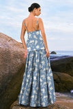 Navy Bloom A-Line Spaghetti Straps Backless Stampa Satin Abito da damigella d'onore lungo