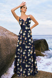 Navy Bloom A-Line Spaghetti Straps Backless Stampa Satin Abito da damigella d'onore lungo