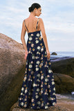 Navy Bloom A-Line Spaghetti Straps Backless Stampa Satin Abito da damigella d'onore lungo