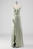 Sage Long Satin V Neck Ruffled Abito da damigella d'onore