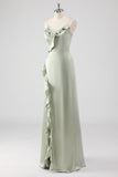 Sage Long Satin V Neck Ruffled Abito da damigella d'onore