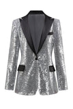 Sparkly Silver Black Peak Lapel Blazer da ballo da donna