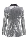 Sparkly Silver Black Peak Lapel Blazer da ballo da donna