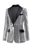 Sparkly Silver Black Peak Lapel Blazer da ballo da donna