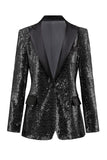 Sparkly Silver Black Peak Lapel Blazer da ballo da donna