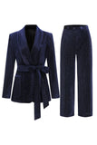 2 Pezzi Scialle Risvolto Blu Navy Abiti Donna con Cintura