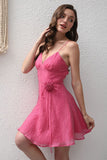 Fucsia A-Line Spaghetti Straps Flower Abito corto da festa