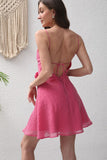 Fucsia A-Line Spaghetti Straps Flower Abito corto da festa