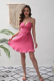 Fucsia A-Line Spaghetti Straps Flower Abito corto da festa