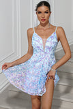 Sparkly blu A-Line paillettes ricamo Spaghetti Straps abito corto da festa