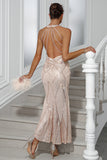 Scintillante Champagne Mermaid Halter paillettes abito da festa lungo