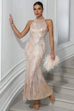 Scintillante Champagne Mermaid Halter paillettes abito da festa lungo
