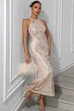 Scintillante Champagne Mermaid Halter paillettes abito da festa lungo