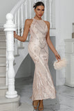 Scintillante Champagne Mermaid Halter paillettes abito da festa lungo
