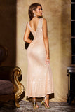 Scintillante Champagne Mermaid Paillettes Abito da festa lungo con scollo a V