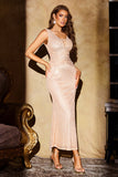 Scintillante Champagne Mermaid Paillettes Abito da festa lungo con scollo a V
