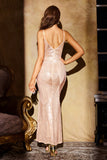 Scintillante Champagne Mermaid con scollo a V paillettes lungo abito da festa